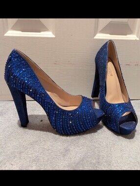 Royal Blue Glitter Peep-Toe Platform Heels